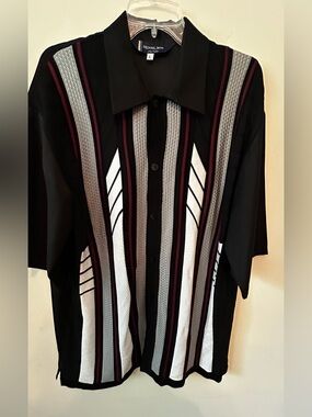 Michael Irvin Playmakers Mens Black Stripe Collared Button Up Shirt Size Large